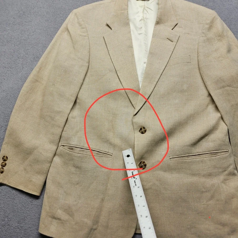AKA Eddie Bauer Mens 38R Linen Blazer Tan Oatmeal 2 Button Sport Coat Regular